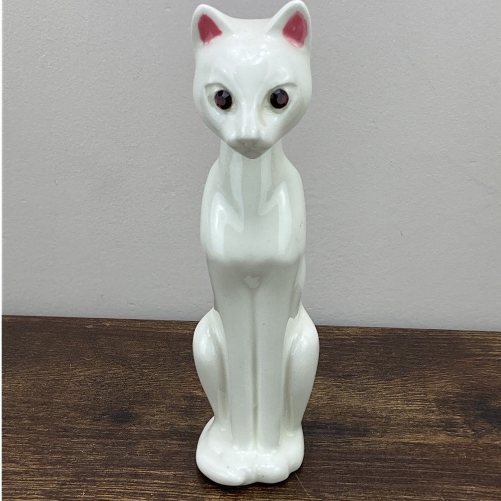 Vintage Mid-Century Modern 6 Inch Bejeweled Eyes Ceramic Cat Figurine MCM 1950s